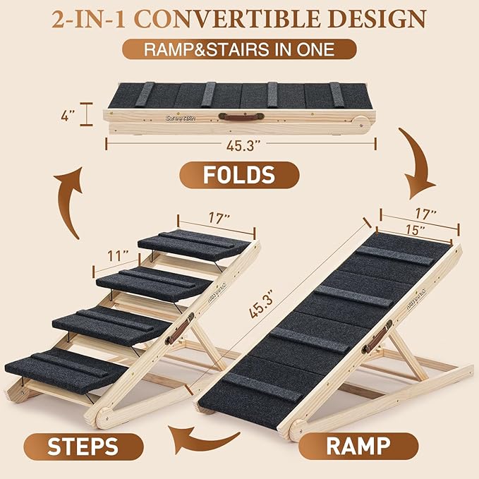 2025 Upgraded Dog Steps for Bed & Couch - 2-in-1 Dog Stairs/Ramp for Small to Large Breeds - 45.3" Long Adjustable 14"-26" Up to 200LBS - Folding Portable Wooden Pet Stairs for high Bed Couch Car