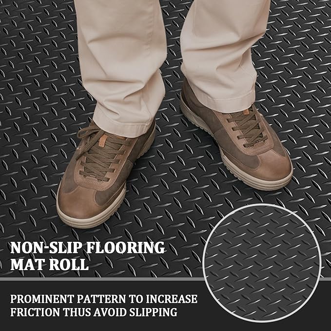 16.4 x 3.3Ft Garage Rubber Flooring Roll, 3 mm Thickness Floor Mat, Diamond Plate PVC Rubber Trailer Mats Non-Slip Flooring for Garage Gym Horse Stall Home Patio (Black)