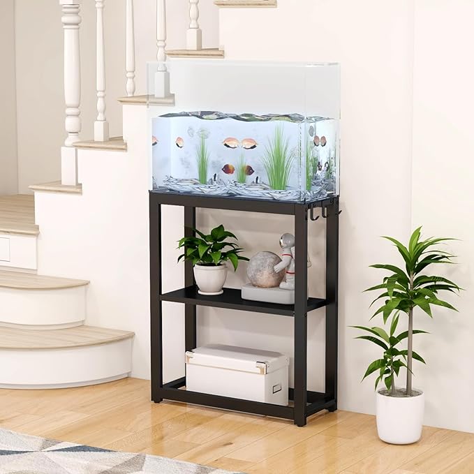 10-20 Gallon Fish Tank Stand with Storage Shelf, Aquarium Stand Measuring 24.8" W x 9.5" D x 30.1" H with Hooks,Heavy Duty Metal Turtle Reptile Tank Stand, Easy Assemble