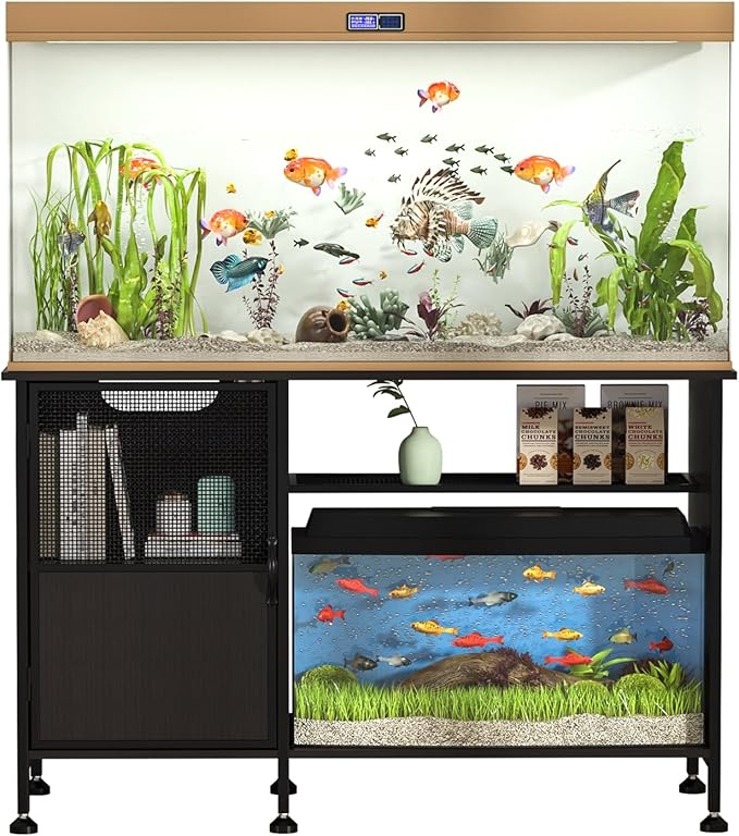 Fish Tank Stand, Modern Aquarium Stand with Built-in Cabinet and Shelves - Sleek Black Iron and Wood Grain Design for Stylish Home Décor（ 51.97" x W 19.69" x H 31.5"） Black