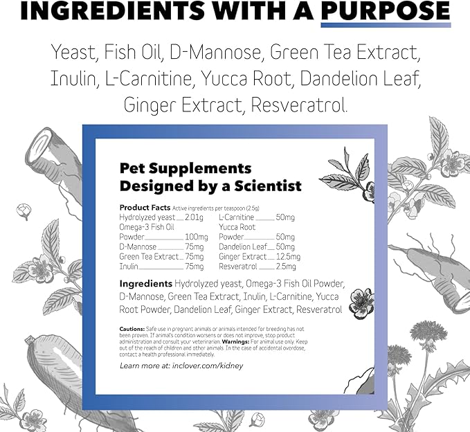 InClover Kidney – Bladder and Urinary Health Supplement for Dogs & Cats - with Resveratrol (Found in Cranberries), L-Carnitine & D-Mannose – Supports a Healthy Urinary Tract and Optimal Renal Function