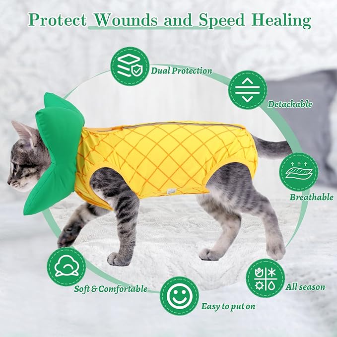 EMUST Cat Recovery Suit Female, Soft Cat Surgical Suit for Abdominal Wounds, Cute Kitten Shirt Clothes for Cats Anti Licking Full Bodysuit for Kittens 4-8lb, Yellow, M