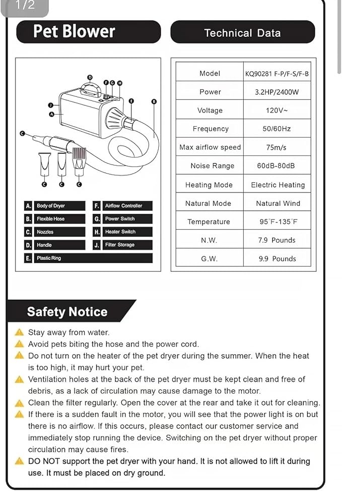 2400w 75m/s Dog Dryer for Pet Grooming, High Velocity Pet Hair Dryer with Heater, Adjustable Speed, 4 Nozzles and a Comb, Blue