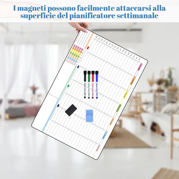 POPRUN Weekly Dry Erase Calendar for Wall & Glass & Wooden, Non-Magnetic Planning Board with Time Slots, Self-Adhesive Wall Schedule Board for Home and Office, 23.6" × 15.7"