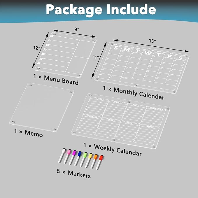 4Pcs Acrylic Magnetic Dry Erase Board Calendar for Fridge, Clear Monthly Weekly Daily Meal Menu Planner Whiteboard for Refrigerator, Notepad Memo White Board, w/ 8 Colors Markers, 15"x11"
