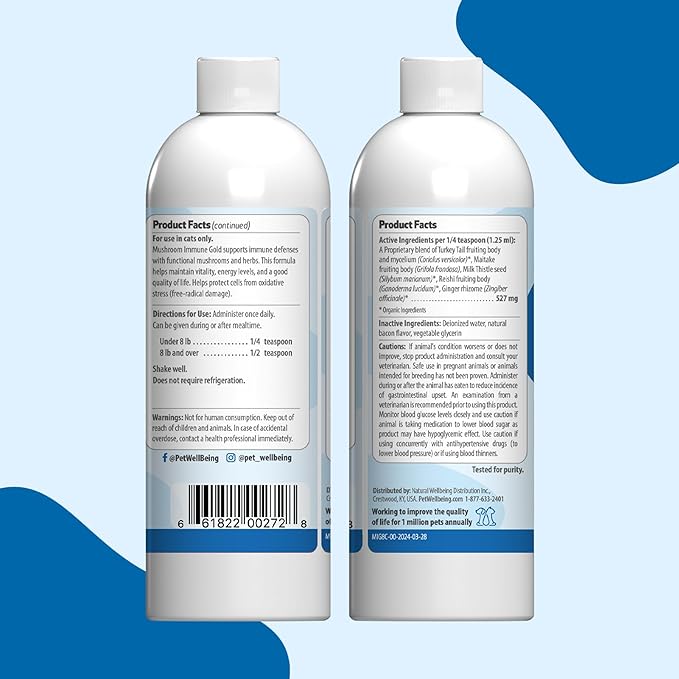 Pet Wellbeing Mushroom Immune Gold for Cats - Holistic Immune Support with Reishi, Maitake, Turkey Tail, and Milk Thistle - Veterinarian-Formulated Functional Mushroom Supplement 8 oz (237 ml)