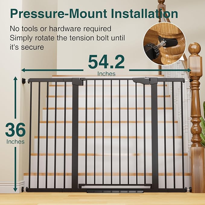 Cumbor 36" Extra Tall Baby Gate for Stairs, 29.7-54.2" Extra Wide Dog Gate for Doorways Hallways, Pressure Mounted Child Gate for Wide Opening, Auto Close Personal Safety for Babies and Pets, Black