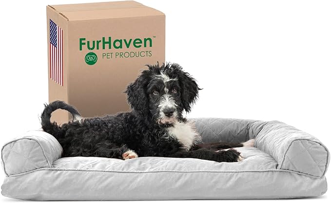 Furhaven Pillow Dog Bed for Large/Medium Dogs w/ Removable Bolsters & Washable Cover - Quilted Sofa - Silver Gray, Large