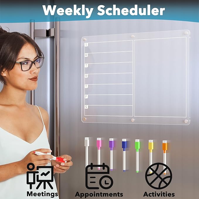 Acrylic Magnetic Dry Erase Board for Fridge, Clear Whiteboard for Refrigerator, Notepad Memo to Do/Grocery List White Board, w/ 8 Colors Markers, 15 x 11