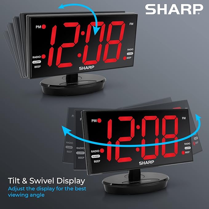Sharp Digital Alarm Clock, 8.9" Extra Large LED Clock with Tilt and Swivel Display, AccuSet Automatically Sets The Time, Dual USB Charger Ports, FM Radio, 3 Level Adjustable Dimmer Brightness
