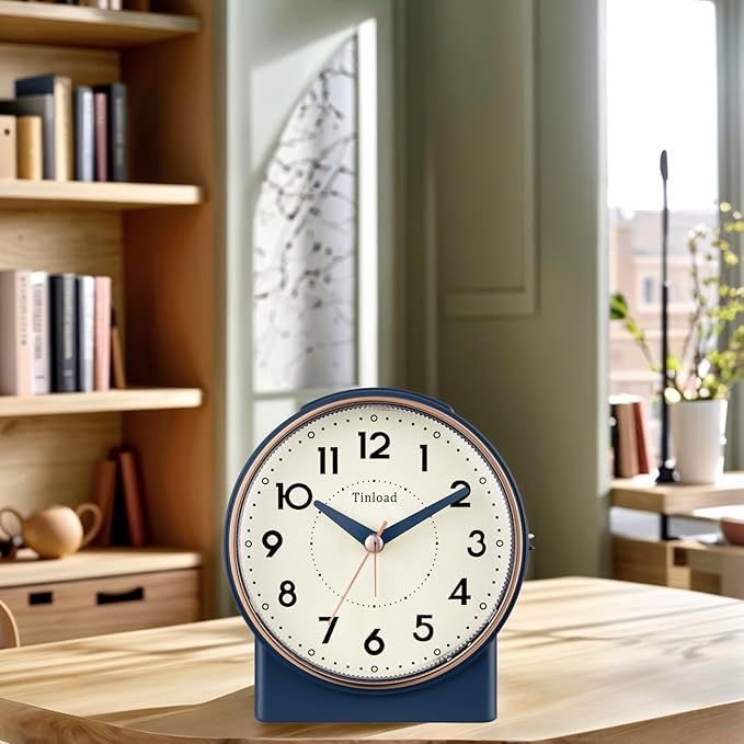 4.3" Retro Analog Alarm Clock, Vintage Decor, No Ticking Silent, Easy to Set, Gradual Rise Alarm, On/Off Switch on Side, Gentle Wake, Snooze, Lighted on Demand, Battery Operated, Retro Blue