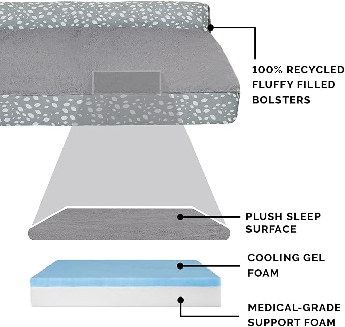 Furhaven Cooling Gel Dog Bed for Large Dogs w/ Removable Bolsters & Washable Cover, For Dogs Up to 125 lbs - Plush & Almond Print L Shaped Chaise - Gray Almonds, Jumbo Plus/XXL