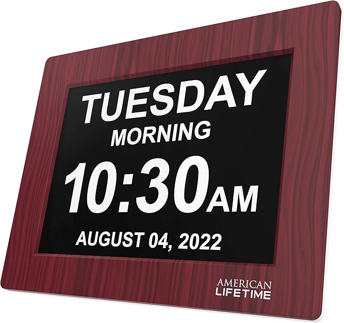 American Lifetime 【New 2023】 Dementia Clock Large Digital Clock for Seniors, Digital Clock Large Display with Custom Alarms, Clock with Day & Date for Elderly, Large Number Digital Clock Mahogany