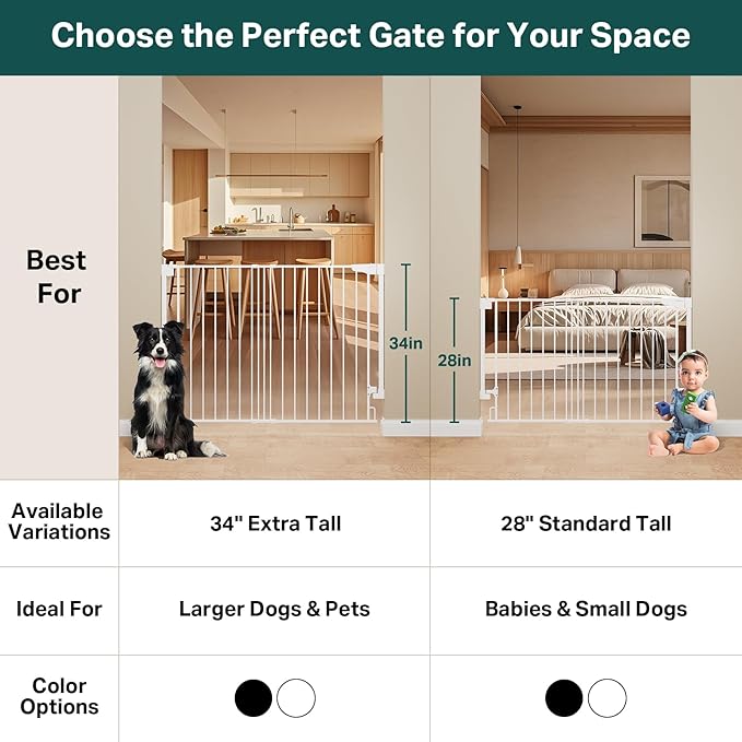 Cumbor 34" Extra Tall No Bottom Bar Baby Gate for Stairs, Auto Close Dog Gate Indoor for Larger Pets, 31.6-48" Hardware Mounted Safety Gate for Doorways, Wide Walk Thru Door for Easy Access (White)
