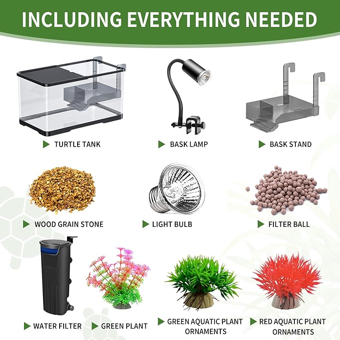 (Tank + Light + Filter + Filter Balls) Turtle Tank Kit, Turtle Tank Starter Kit,Bottom Drainage, Multi-Function Areas for Turtles, Crabs,Fishes, Amphibians,Reptiles. (21.65 × 12.28 × 12.28 Inch)