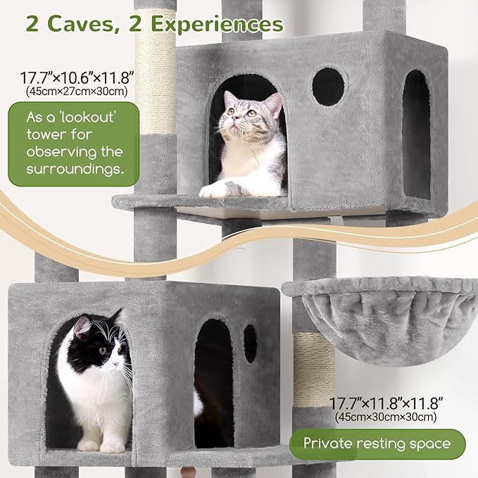 Globlazer Cat Tree, 70 inch Tall Scratching Tower Multi-Level Cat Condo for Indoor Multiple Cats with 2 Large Cat Caves, Top Perch, Large Platform, Bottom Swing, F70B, Light Grey