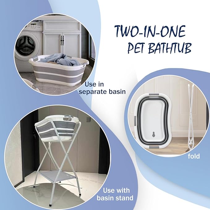 Portable Dog Bath Tub and Dog Washing Station, Collapsible Elevated Pet Tub for Bathing, Showering, Grooming, Pet Bathing Basin for Small to Medium Dogs, Cats and Other Pets (Built-in Drainage System)