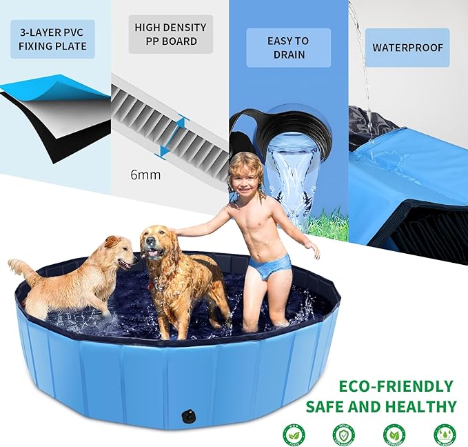 Foldable Dog Pool, 32" x 8" Kiddie Pool with Hard Plastic, Non-Slip Dog Bath Tub for Outdoor Backyard, Collapsible Dog Swimming Pool for Kids Dogs Pets (Blue)