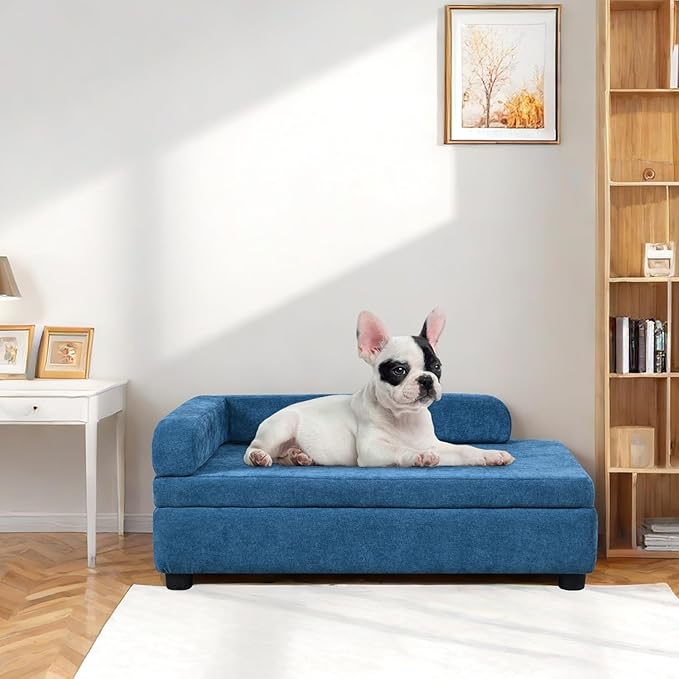 AFBKSS&BB Pet Sofa with Hidden Storage for Puppy and Cat,Linen Fabric Dog Sofa,Cat Couch with Wooden Frame (Blue)