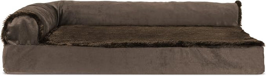 Furhaven Cooling Gel Dog Bed for Medium/Small Dogs w/ Removable Bolsters & Washable Cover, For Dogs Up to 35 lbs - Plush & Velvet L Shaped Chaise - Sable Brown, Medium