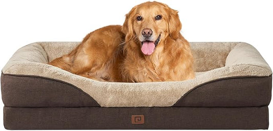 EHEYCIGA Memory Foam XL Dog Bed for XLarge Sized, Extra Large Orthopedic Dog Sofa with Sides and Waterproof Liner, Washable Bolster Pet Bed Couch with Removable Cover, 42x30x7.5 Inch, Brown