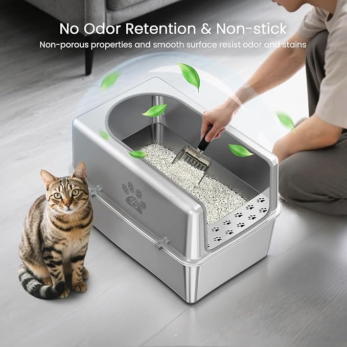 Enclosed Stainless Steel Cat Litter Box with Lid, Metal Litter Box for Big Cats, Extra Large Cat Toilet with High Side, Non-Stick, Anti-Leakage, Odorless, with Cats Litter Mat & Litter Scoop