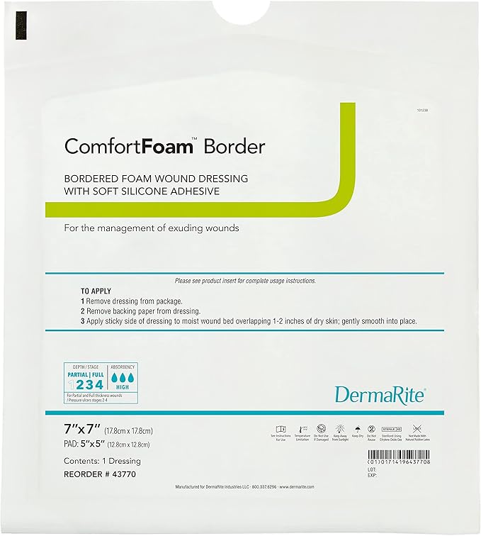 DermaRite ComfortFoam Border, Foam Wound Dressing - Flexible and Soft Silicone, Self Adhesive, No Natural Rubber Latex - 7 in. x 7 in., 1 Count, 5 Packs, 5 Total