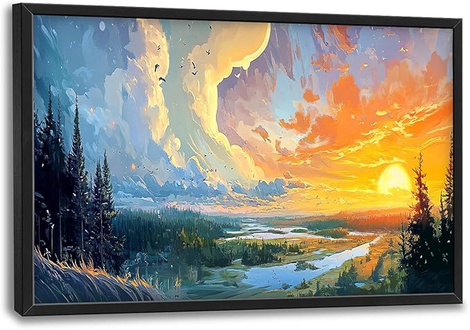 Framed Large Sunrise Wall Art for Living Room, Oversized Sunrise Wall Decor Forest Lake Landscape Canvas Print Natural Picture Home Decoration for Bedroom Living Room Office 36"x24"