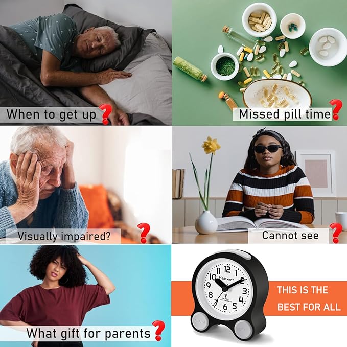 Atomic Talking Clock Clear Voice Time and Date with Snooze and Light, Clocks for Seniors 5 Sets of Separate Alarms Non Ticking Volume Control(All Black)