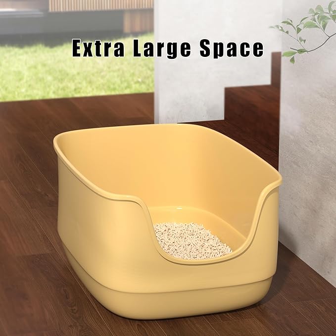 Gefryco Large Cat Litter Box with High Sided 24.6"x18.3"x12.2" - Jumbo Extra Large Open Anti - Splashing High Wall for Multiple Cats (Yellow)