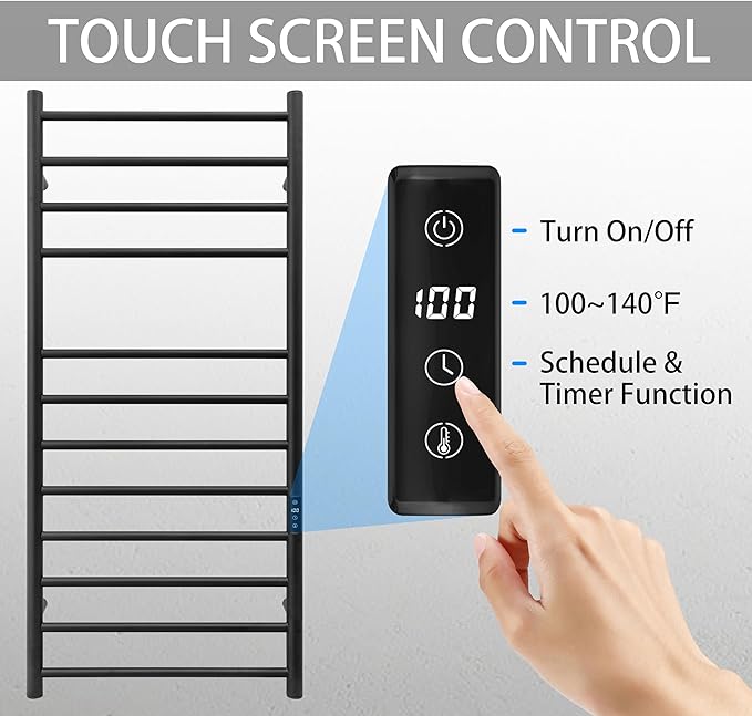 KEG Smart WiFi Towel Warmer Wall Mounted with Built-in Timer and Temperature Adjust Control, 12 Bars Electric Stainless Steel Heated Towel Racks for Bathroom Black
