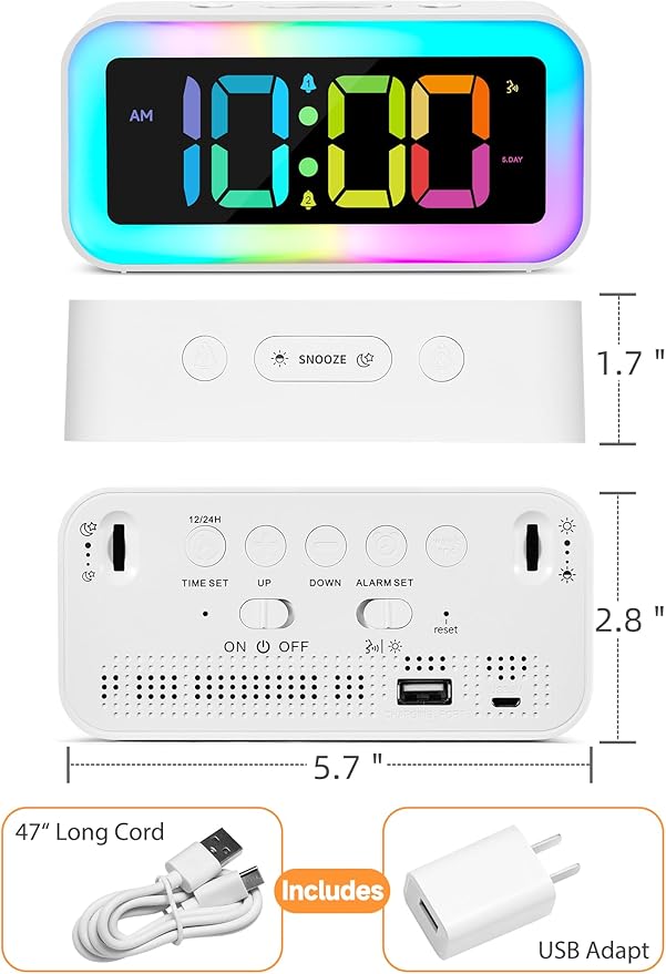 Cadmos Loud Alarm Clock for Bedrooms with Dynamic RGB Night Light,Heavy Sleepers Adults,Dual Alarm,Dimmer,USB Charger,Small Bedside Digital Clock with Led Display for Kids,Teens,Seniors (White)