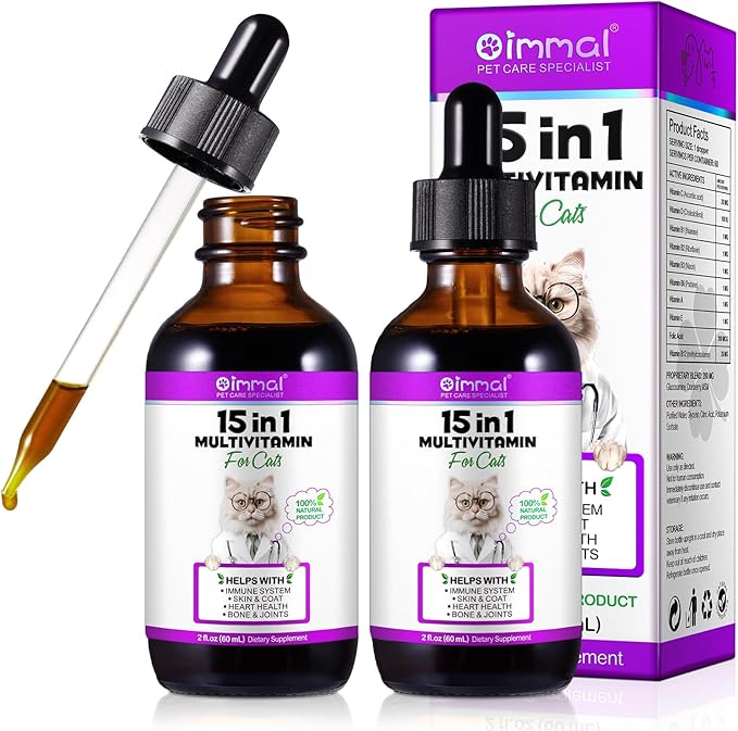 2PCS Liquid Multivitamin for Cat, 15 in 1 Cats Multivitamin Liquid Drops Supplements for Skin & Coat, Heart Health, Bones and Joint, Cat Vitamins with Glucosamine and MSM, Immune System Support