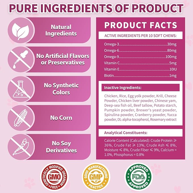 Natural Skin and Coat Support for Cats - Crunchy & Creamy Chews with Omega 3, Biotin & Vitamin E for Healthy Skin, Shiny Fur, Cat Supplements & Vitamins -Chicken（500 Chews