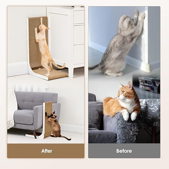 EHEYCIGA Cardboard Cat Scratcher for Indoor Kitten Cats, 19 Inch L Shaped Vertical Cat Scratching Board with Ball Cat Toy, Small Cat Scratcher Pad, White