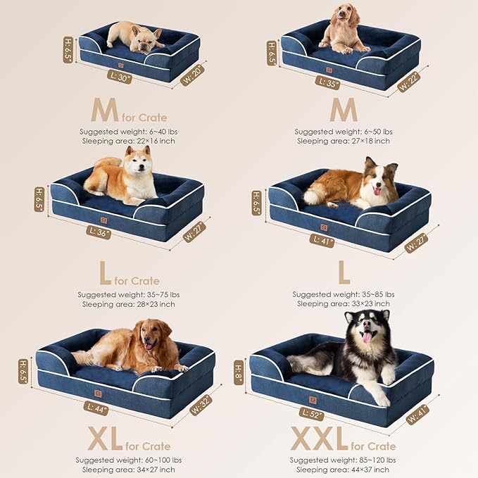 EHEYCIGA Orthopedic Dog Beds for Large Dogs, Waterproof Memory Foam Large Dog Bed with Sides, Non-Slip Bottom and Egg-Crate Foam Pet Couch Bed with Washable Removable Cover, Navy