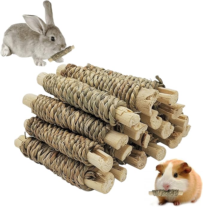 Fhiny 18 PCS Guinea Pig Chew Toys, Natural Seagrass Sweet Bamboo Molar Sticks for Teeth Bunny Chew Toys Cage Accessories for Rabbit Bunny Guinea Pig Chinchilla Hamster