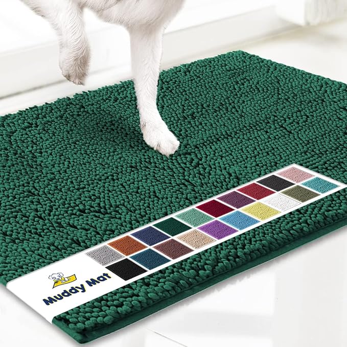 Muddy Mat® AS-SEEN-ON-TV Highly Absorbent Microfiber Dog Door Mat and Pet Rug, Non Slip Thick Washable Area and Bath Mat Soft Chenille for Kitchen Bathroom Bedroom and Indoor - Dark Green XXXL 72"X48"