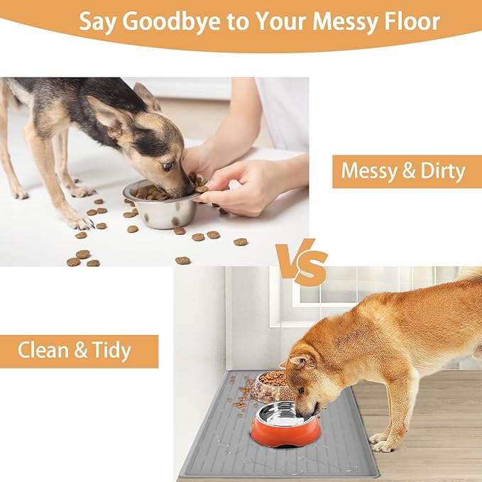 24" x 16" Dog Food Mat, Silicone Pet Mats for Food and Water, Nonslip Pet Feeding Mats for Floors, Dog Cat Bowl Mat with Raised Edges, Light Gray