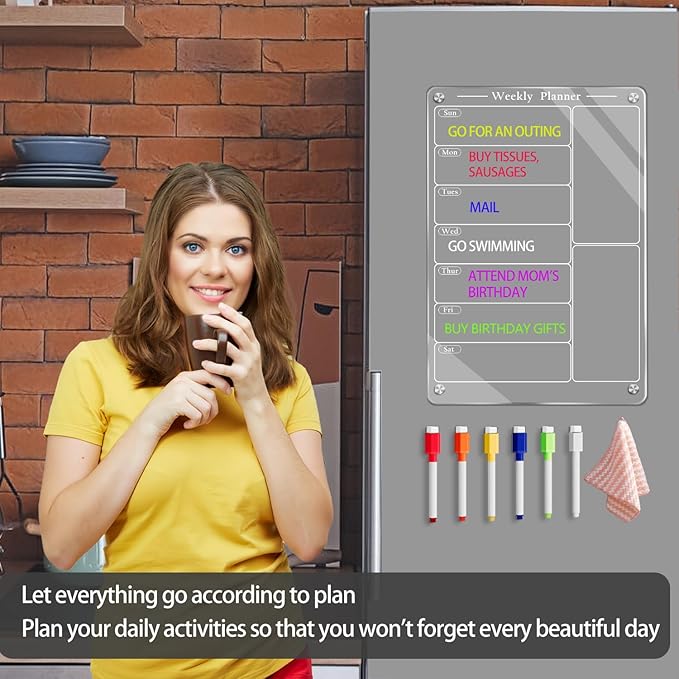 9"X13" Acrylic Weekly Planner for Fridge,Clear Meal Planner for Refrigerator,Magnet Weekly Calendar for Fridge,Acrylic Magnetic Menu Board for Kitchen with 6 Markers