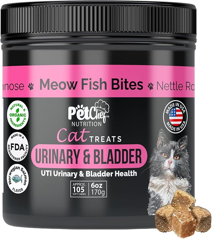 Pet Chef Feline Treats - Fix Cat UTI - Natural & Organic UTI Remedy for Cats. Feline UTI Prevention - Low Calories- Reduce cat Fur Balls, and Vomiting. Cat Urine Crystals Prevention.