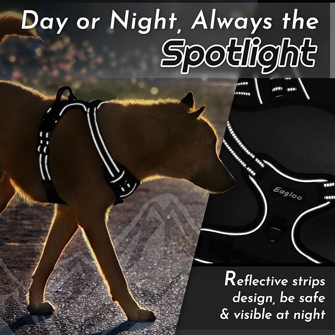 Eagloo Dog Harness Medium Sized Dog, No Pull Service Vest with Reflective Strips and Control Handle, Adjustable and Comfortable for Walking, No Choke Pet Harness with 2 Metal Rings, Black, M