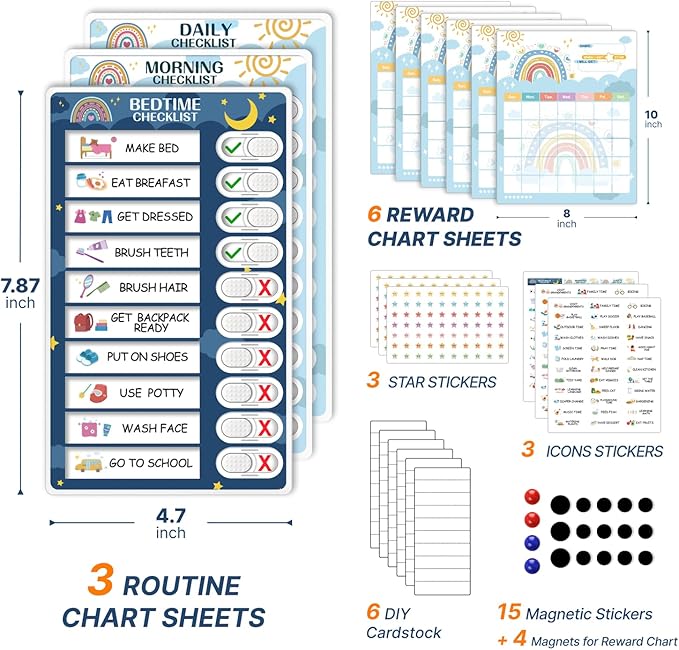 Upgraded Slider 4 in 1 Reward Chart for Kids, Reusable Bedtime/Morning/Daily Routine Chart for Kids, Magnetic Chore Chart for Kids Toddlers, Sticker Chart for Kids Behavior Chart for Kids at Home