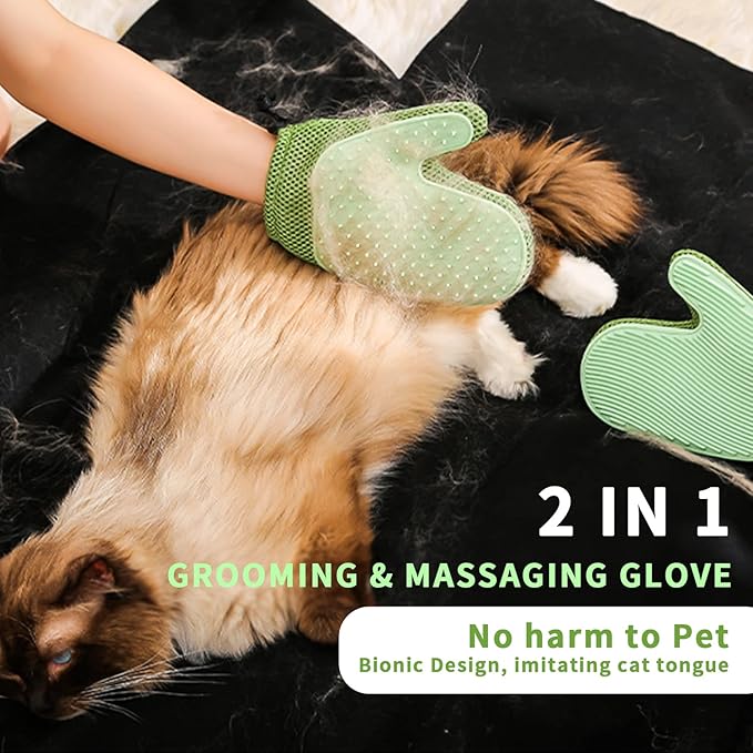 2 in 1 Pet Fur Glove & Cat Hair Remover Glove, Dog Grooming Glove Brush for Shedding, Massage, Efficient Pet Hair Remover Mitt for Couch, Carpet [Green/Single]