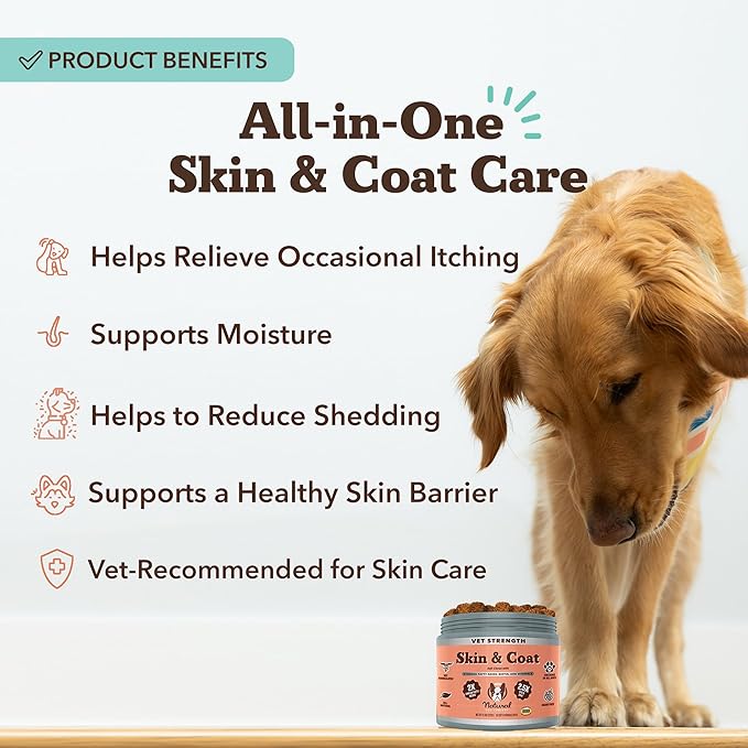 Natural Dog Company Omega Skin & Coat Chews, Vet Strength Supplement, Itchy Skin Relief, Moisture Balance & Coat Hydration, Biotin & Vitamin E, Dry Skin Care, Vet-Recommended, USA Made, 90 Ct