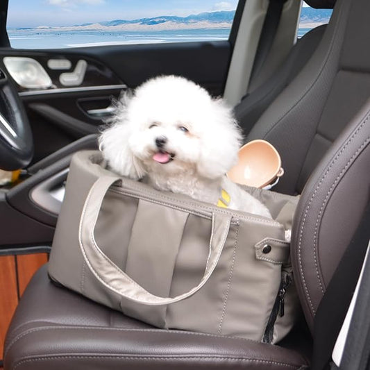 2 and 1 Center Console Dog Car Seat & Carrier for Small Dogs, Large Leather Dog Car Bed with Storage Pocket, Waterproof PVC Leather Seat Travel Bed for Front & Back Seat, Clip-On Safety Leash