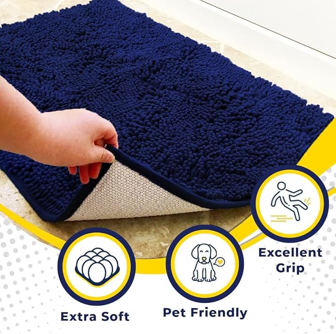 Muddy Mat® AS-SEEN-ON-TV Highly Absorbent Microfiber Dog Door Mat and Pet Rug, Non Slip Thick Washable Area and Bath Mat Soft Chenille for Kitchen Bathroom Bedroom and Indoor - Navy Blue XXL 60"X48"