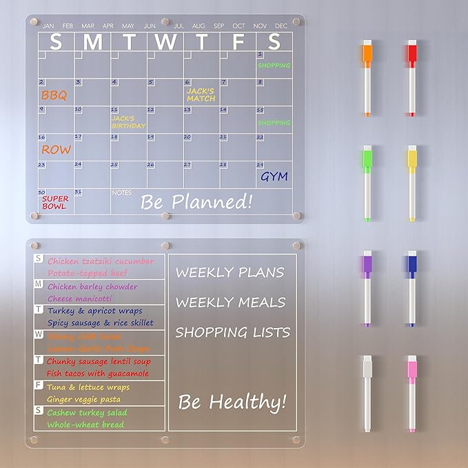 Acrylic Magnetic Dry Erase Board Calendar for Fridge, Clear Monthly and Weekly Meal Planner Whiteboard Refrigerator, Menu Board for Kitchen, w/ 8 Colors Markers, 15"x11"