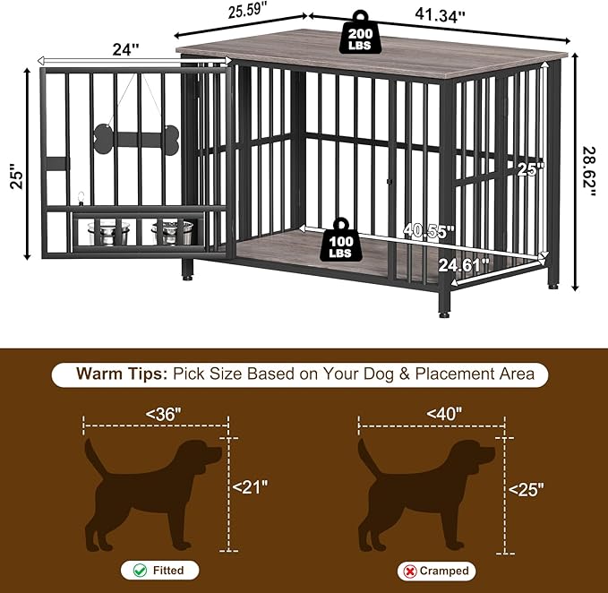 Easycom 41" Dog Crate Furniture Foldable, No Assembly Decorative Dog Kennel Indoor, Dog Crates for Large Dogs (40-65 lbs), Wooden Dog Cage with Adjustable Bowls and Name Tag, End Table, Oak Grey