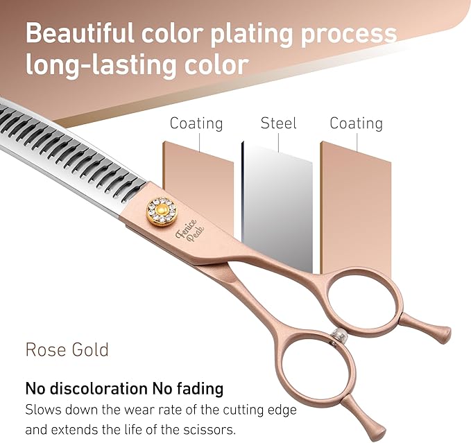 Fenice Peak Professional Curved Chunker Dog Grooming Scissors 8.0'' Rose Gold Thinning Shears Extremely Sharp Blades 440C Stainless Steel Thinning Shears Durable Smooth Fine Cut for Dogs and Cats.